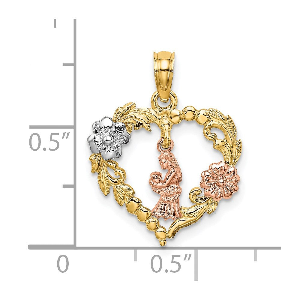 14k Two-tone White Rhodium Motherly Love w/ Flowers In Heart Charm