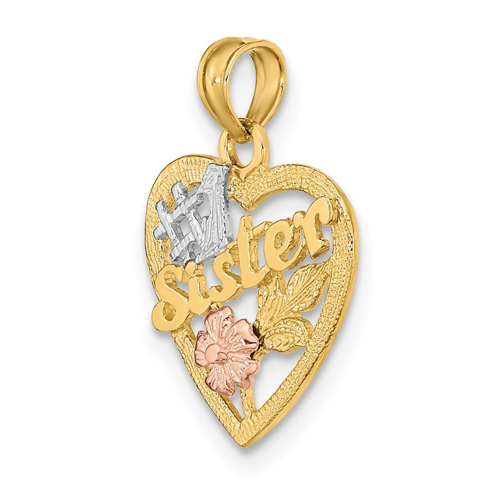 14k Two-tone White Rhodium #1 SISTER In Heart w/ Flowers Charm