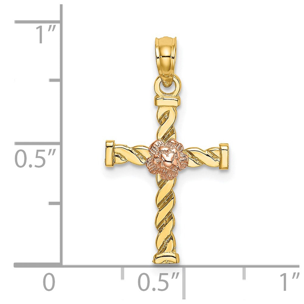 14k Two-Tone Twisted Cross w/ Flower Charm