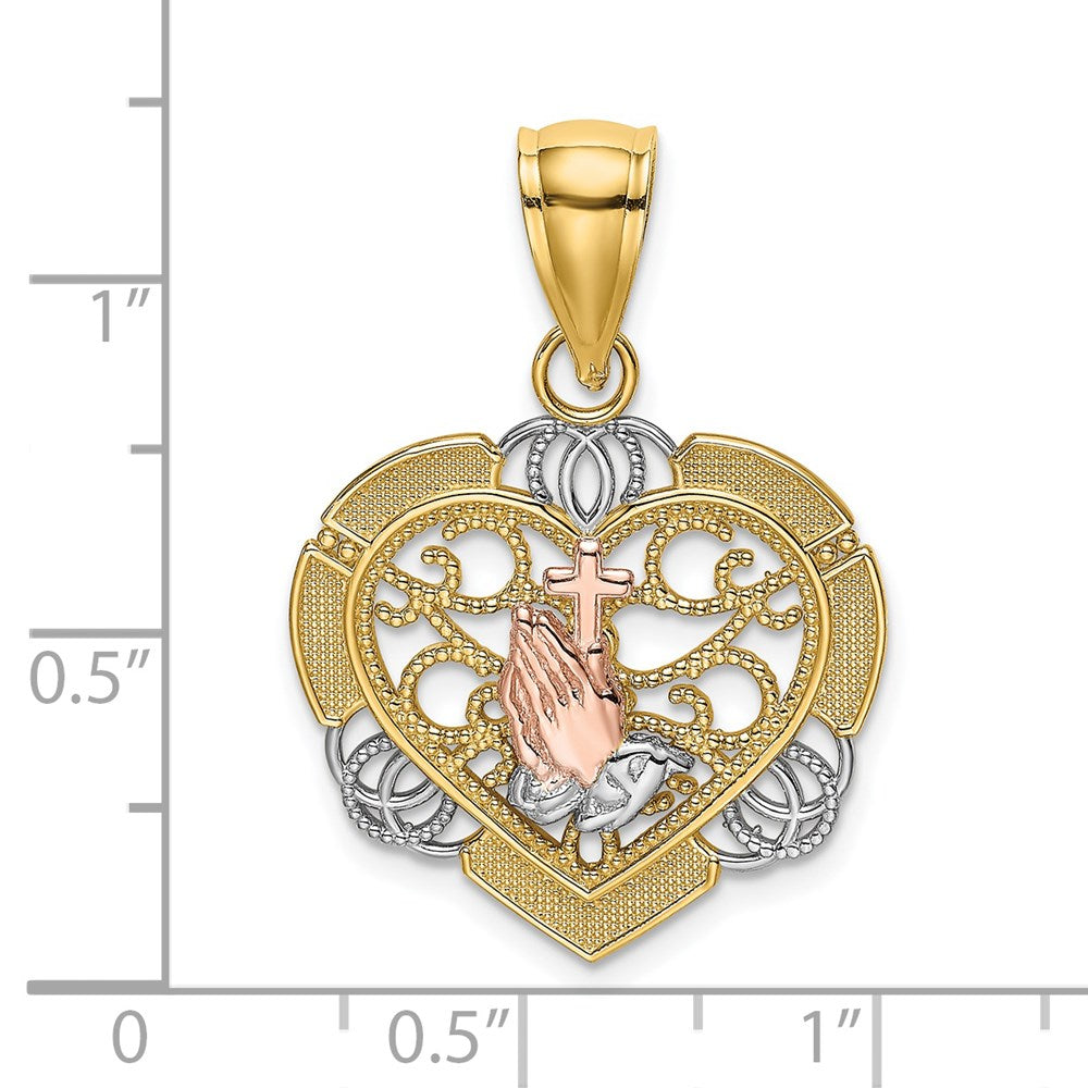 14K Two-tone w/White Rhod Praying Hands and Cross Heart Charm