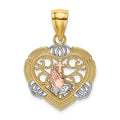 14K Two-tone w/White Rhod Praying Hands and Cross Heart Charm
