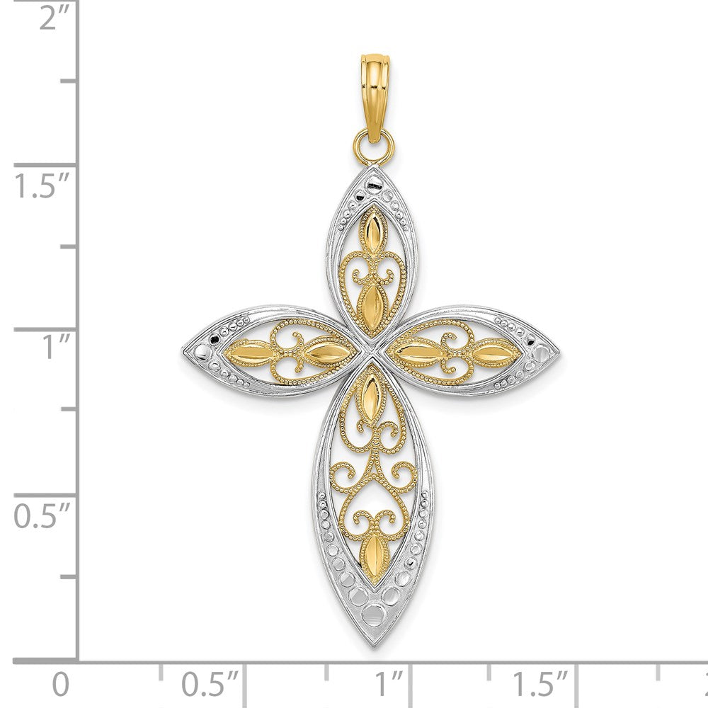 14K W/ Rhodium Beaded Filigree Cross Charm