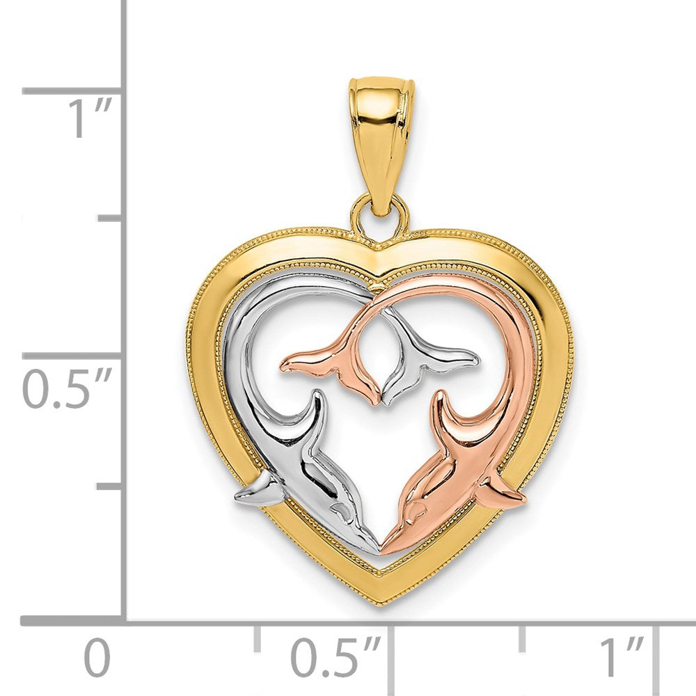 14K Two-Tone w/White Rhodium Dolphins In Heart Frame Charm