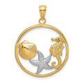 14k with White Rhodium Scallop, Starfish, Seahorse Circle Charm