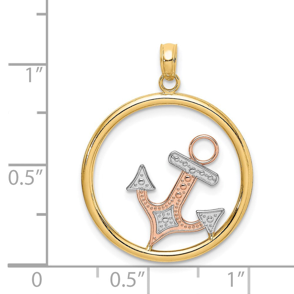 14K Two-tone w/White Rhodium Anchor In Circle Charm