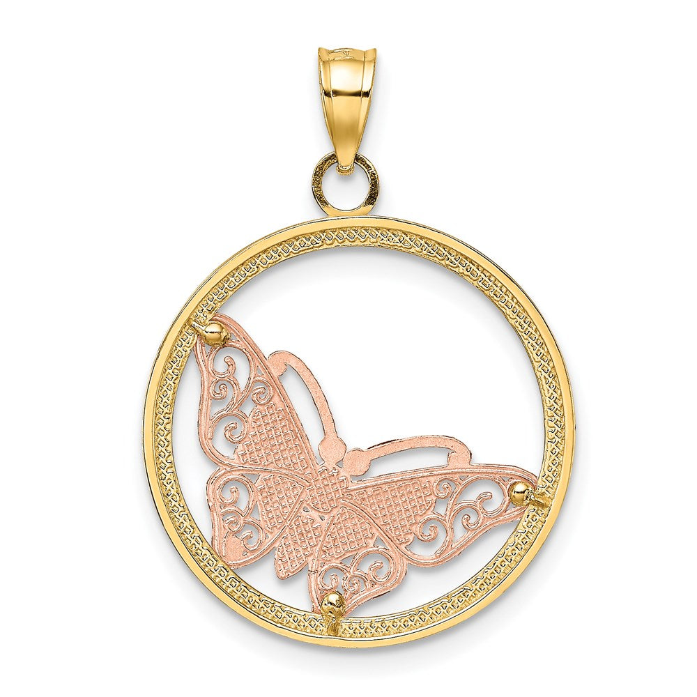 14k Two-tone w/White Rhodium Butterfly In Round Frame Charm