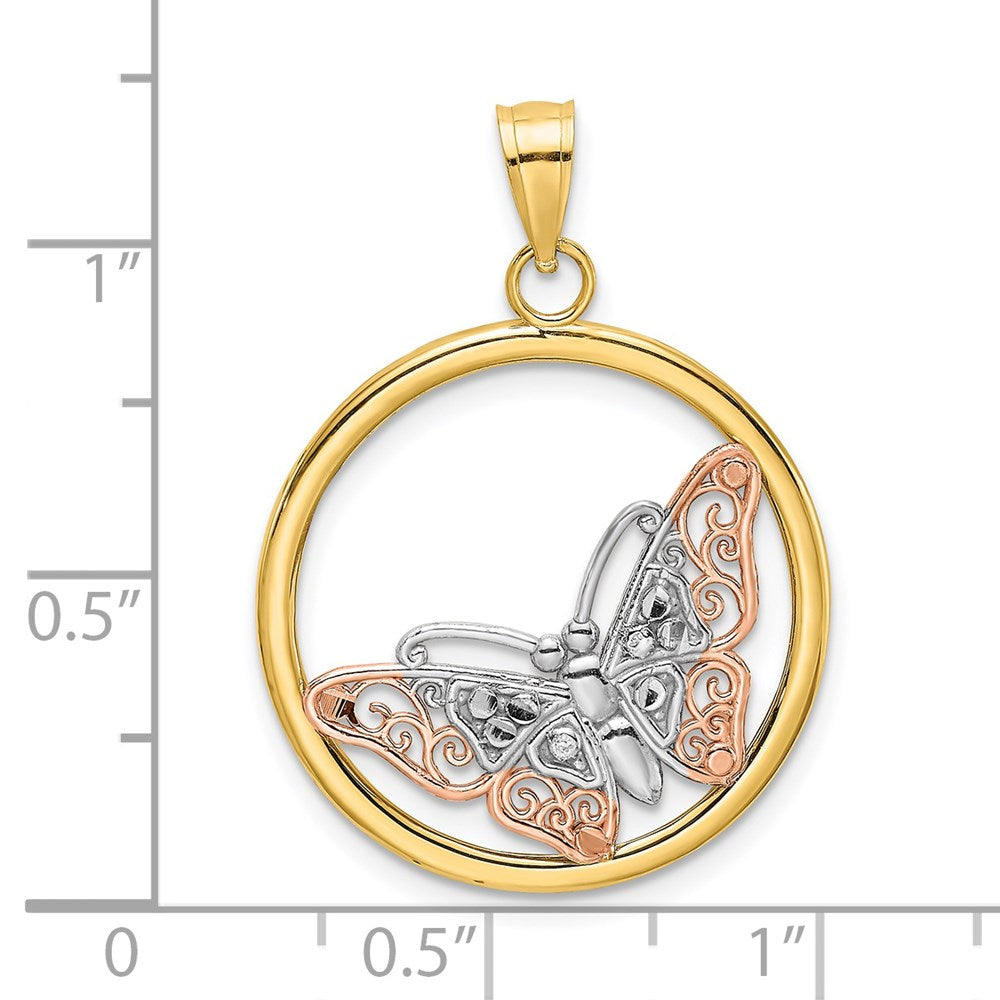 14k Two-tone w/White Rhodium Butterfly In Round Frame Charm