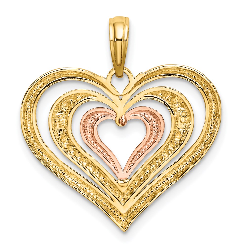 14k Two-tone White Rhodium Textured and Polished Triple Hearts Charm
