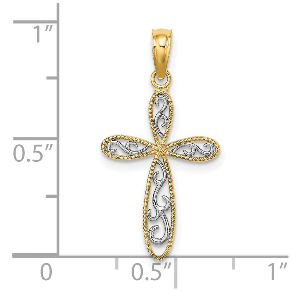 14K w/ Rhodium Filigree and Milgrain Cross Charm