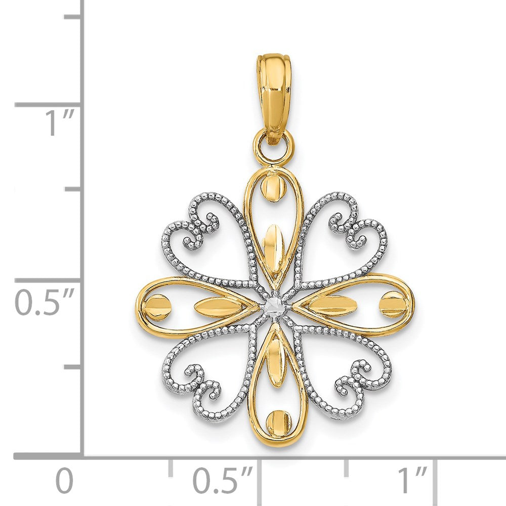14K w/Rhodium Beaded Heart Petals Flower Charm