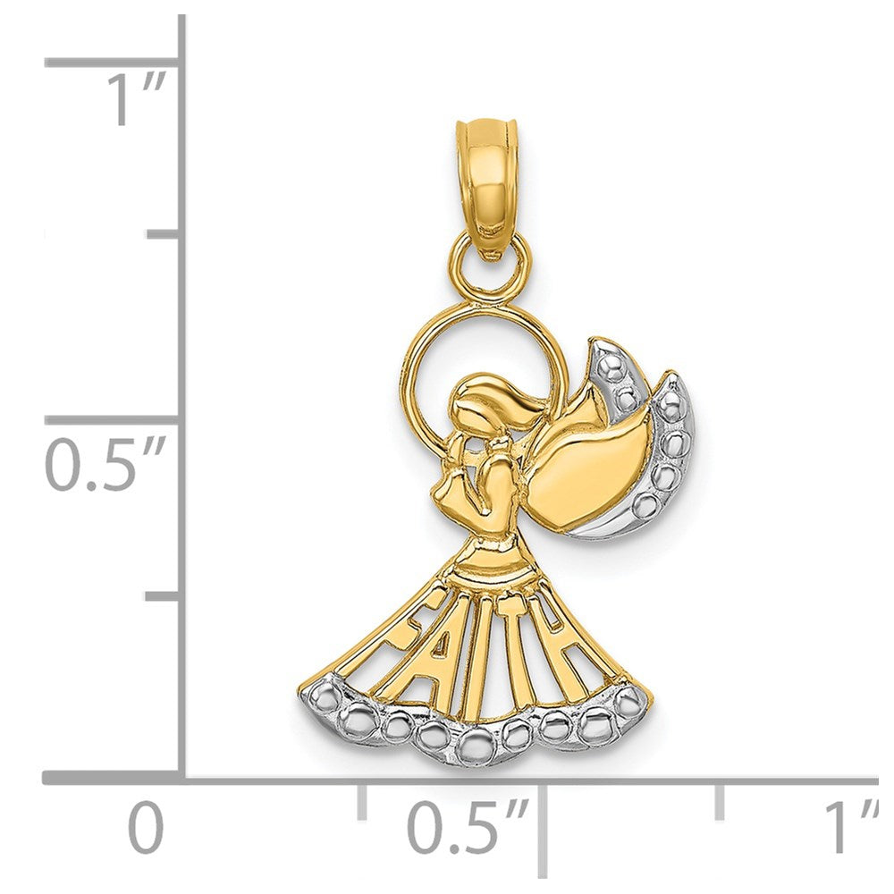 14K w/Rhodium Polished and Textured Angel W/ Faith Charm