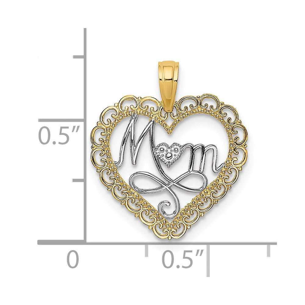 14k w/Rhodium Cut-Out MOM In Scallop Heart Charm