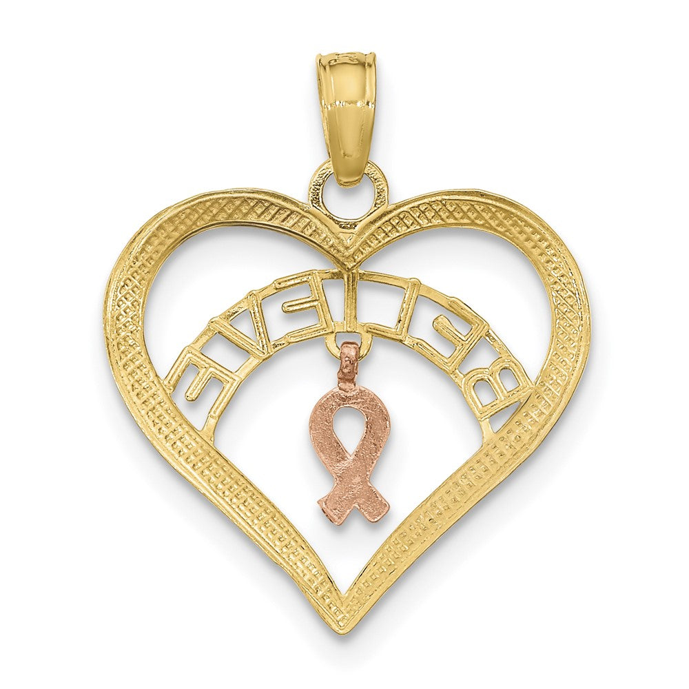 14k Two-tone White Rhodium BELIEVE in Heart w/ Breast Cancer Ribbon