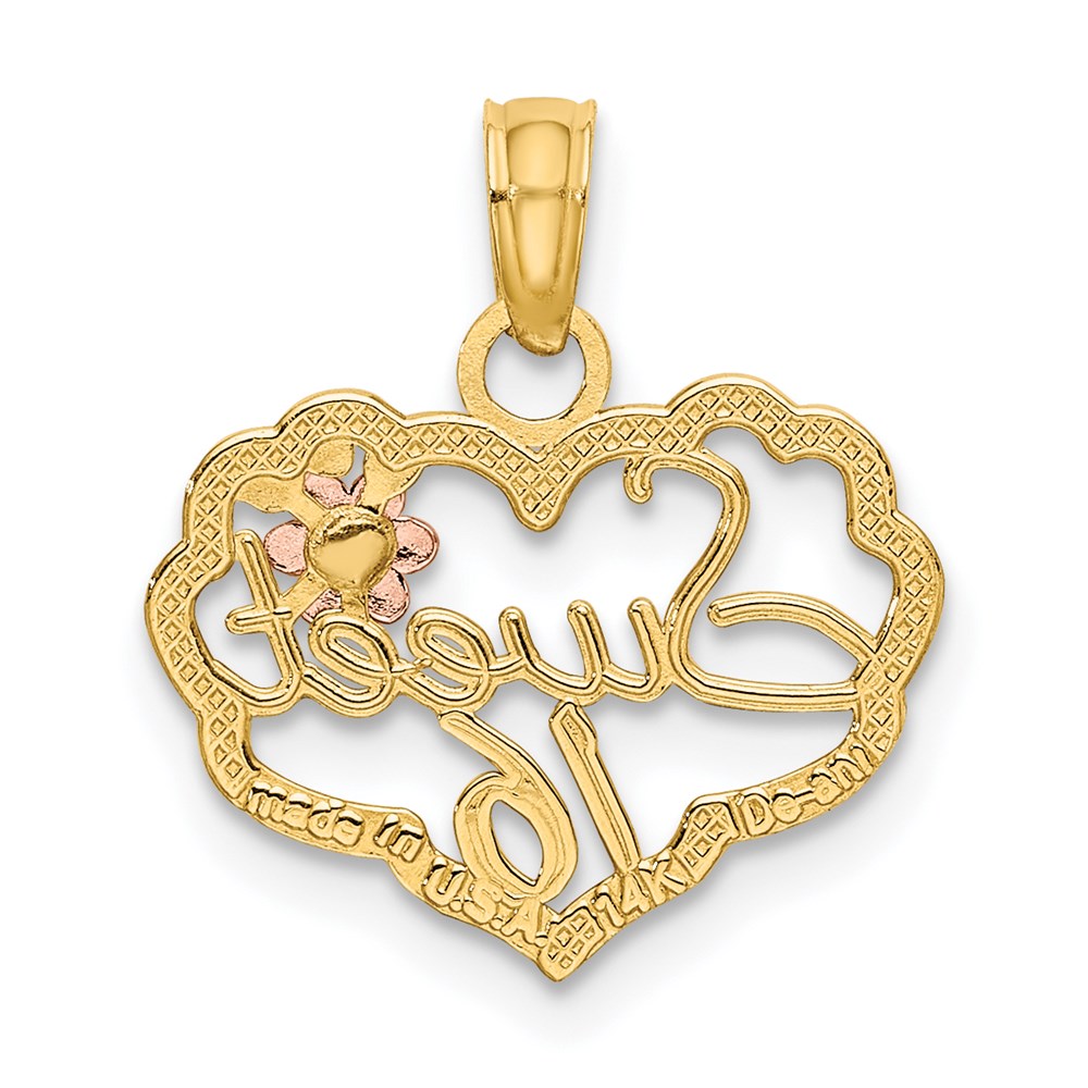 14k Two-Tone SWEET 16 Heart w/ Flower Charm