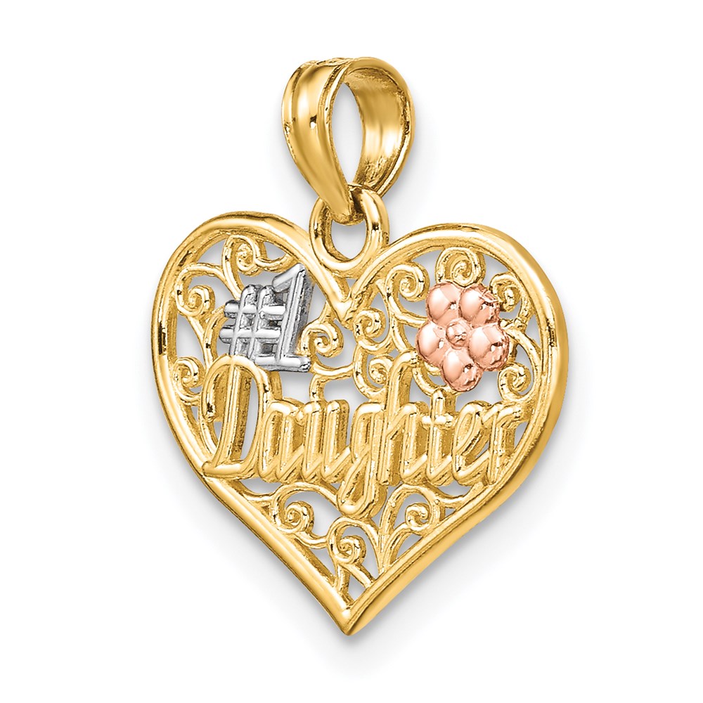 14k Two-tone White Rhodium #1 DAUGHTER IN HEART w/Flowers Charm