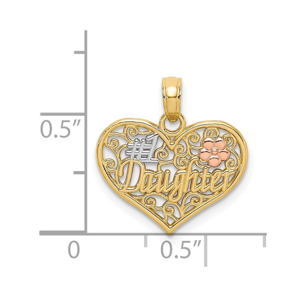 14k Two-tone White Rhodium #1 DAUGHTER IN HEART w/Flowers Charm