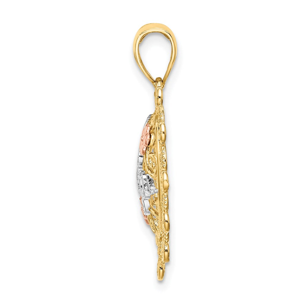 14k Two-tone w/White Rhodium I LOVE YOU Filigree Heart Flower Charm
