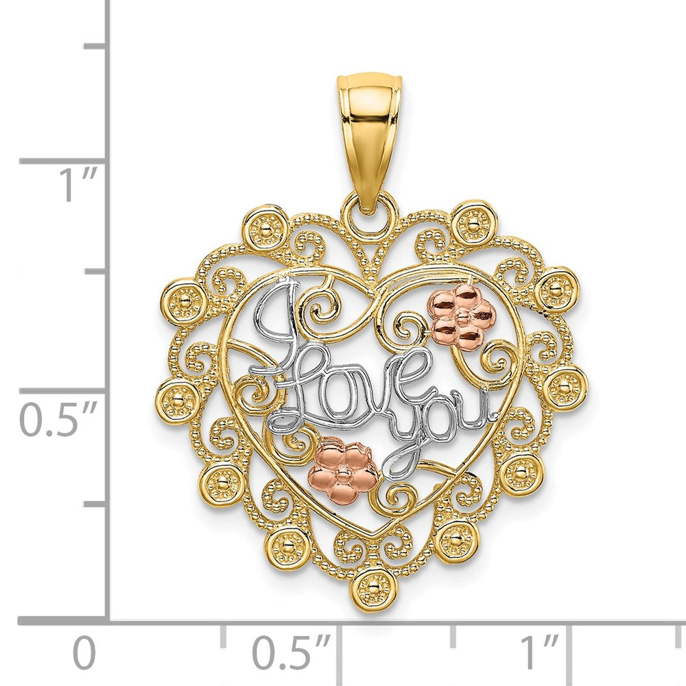 14k Two-tone w/White Rhodium I LOVE YOU Filigree Heart Flower Charm