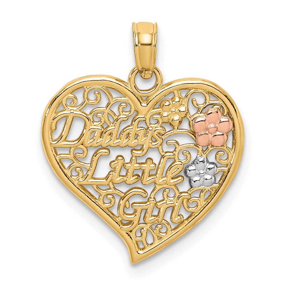 14k Two-tone White Rhodium DADDYS LITTLE GIRL Filigree Heart Charm