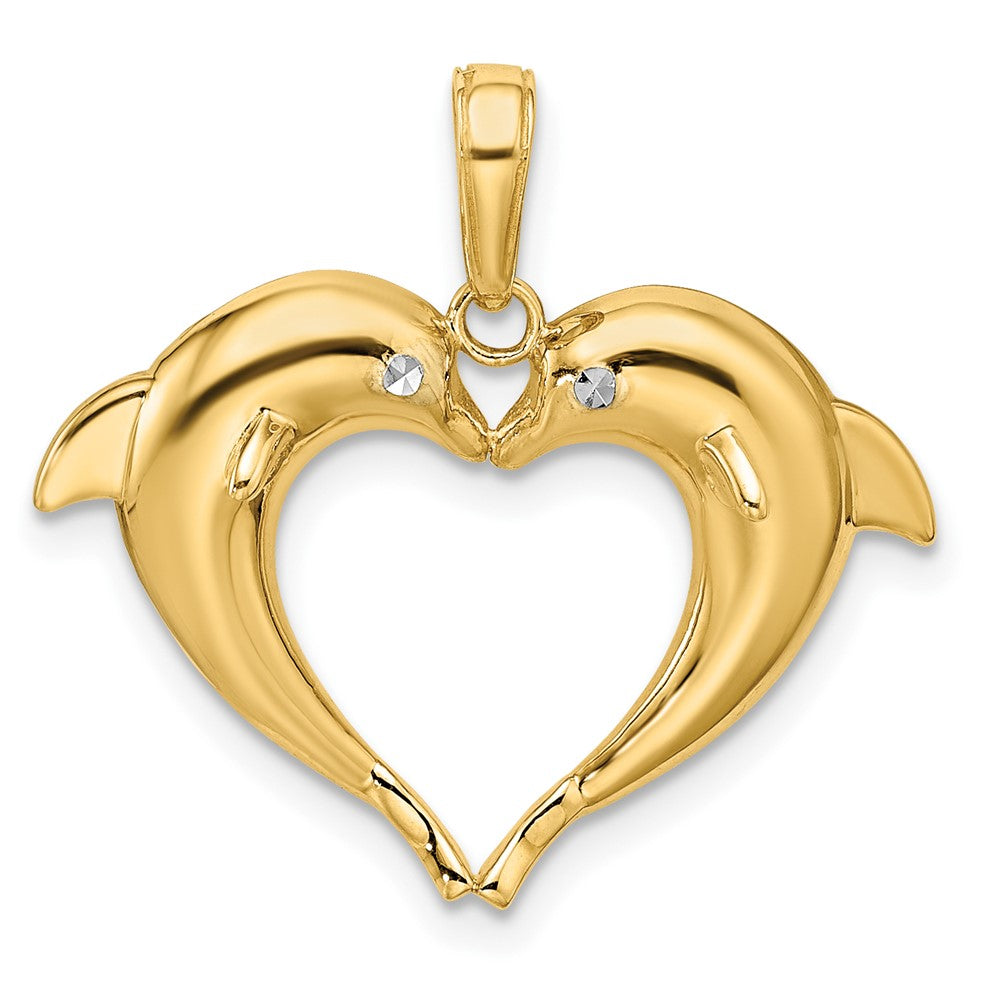 14k w/Rhodium Double Dolphin Heart Pendant