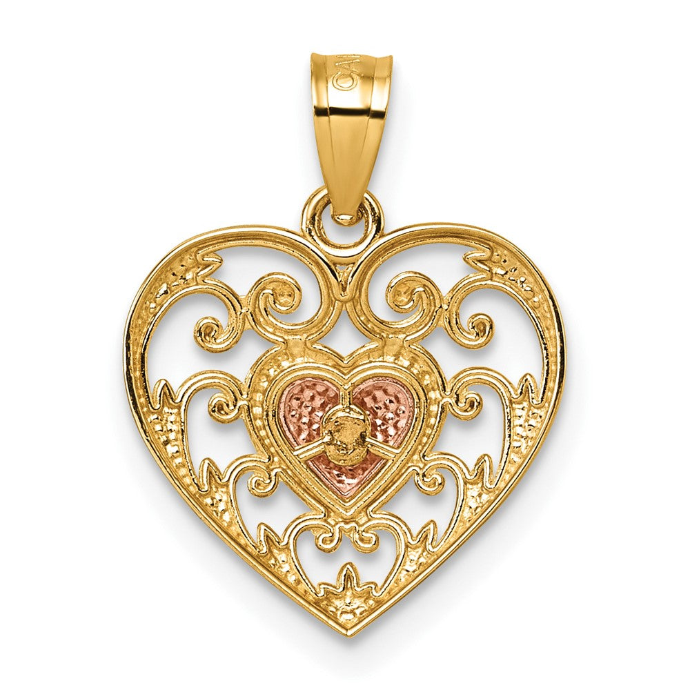 14k Two-tone Polished And Textured Fancy Heart In Heart Pendant