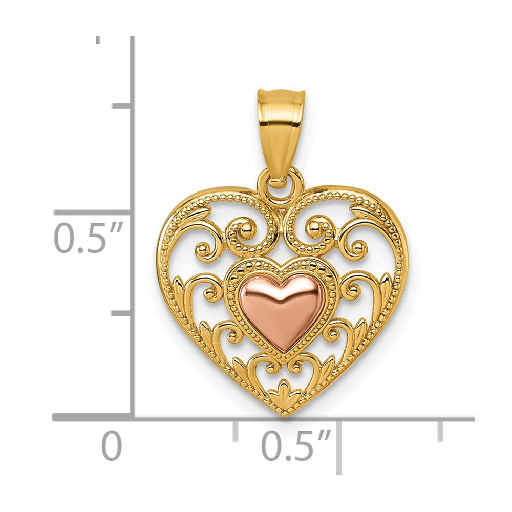 14k Two-tone Polished And Textured Fancy Heart In Heart Pendant
