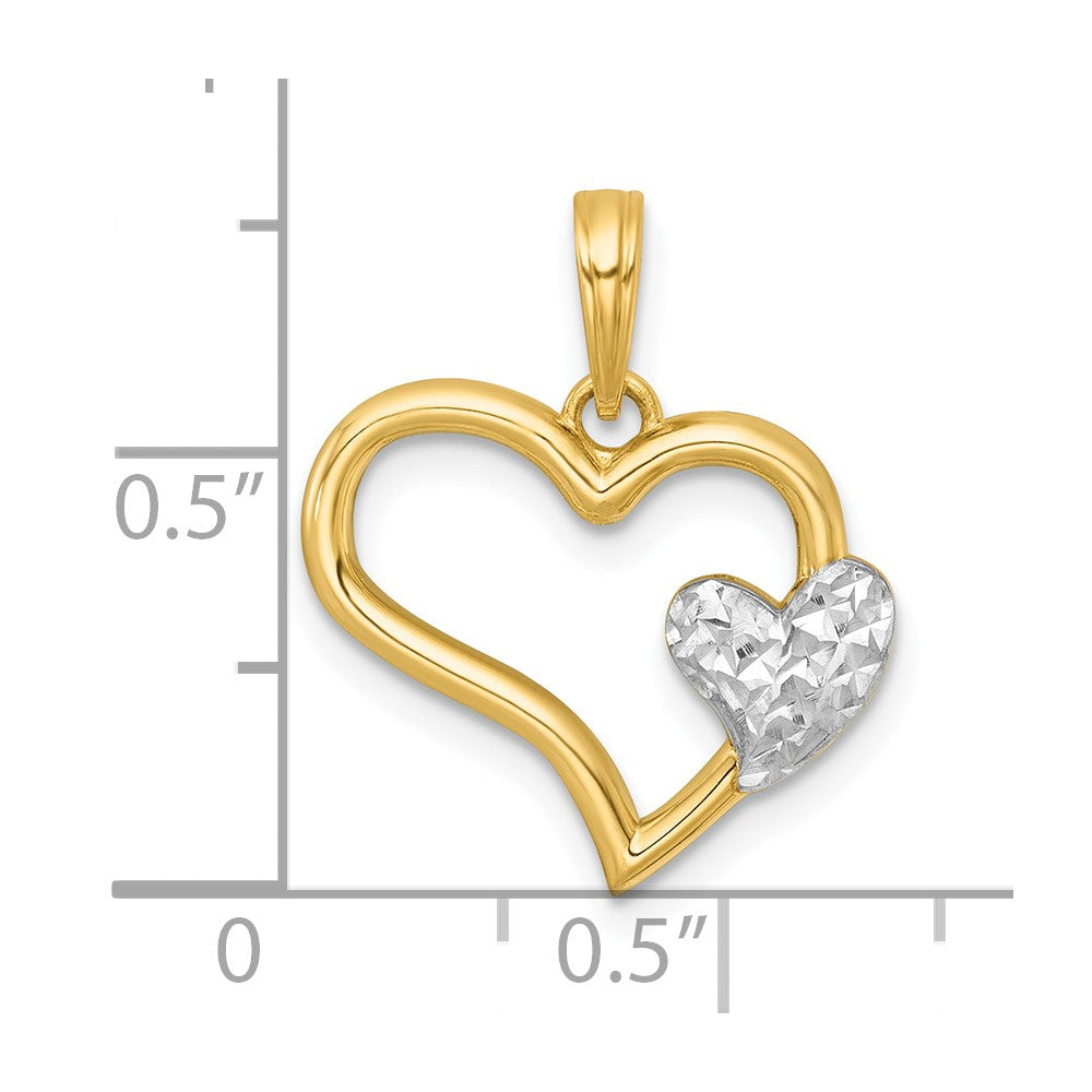 14k with White Rhodium Polished Heart Shape With Mini Heart Charm