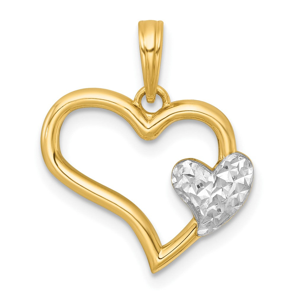 14k with White Rhodium Polished Heart Shape With Mini Heart Charm