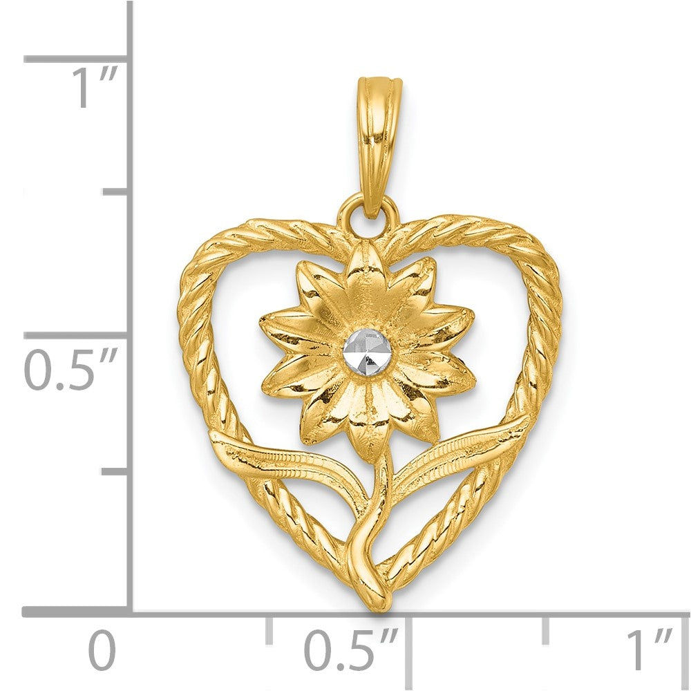 14k with White Rhodium Polished Flower In Heart Charm