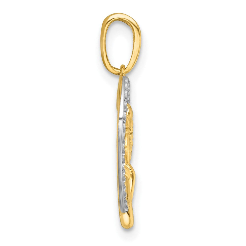 14k with White Rhodium Polished Flower On Heart Charm