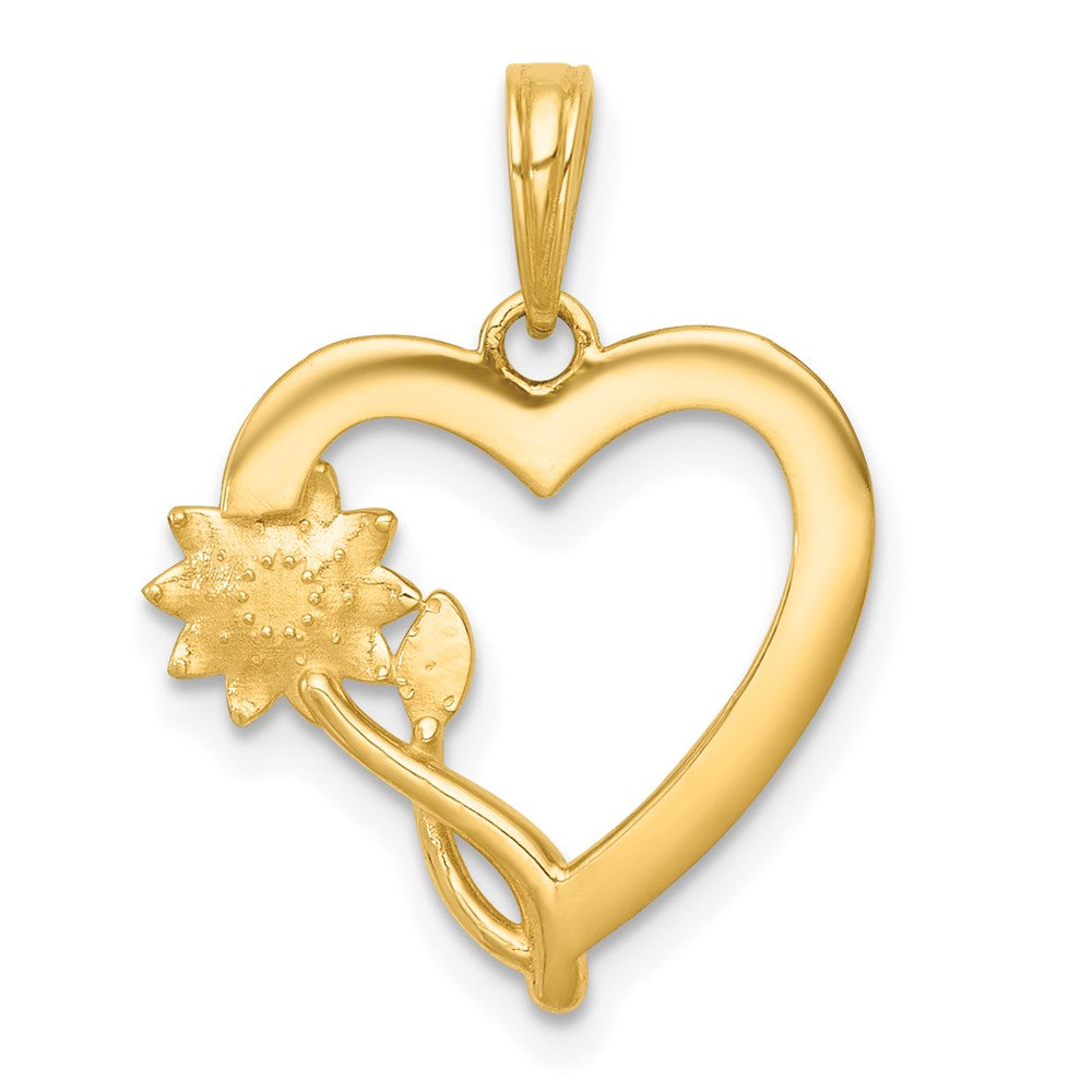 14k with White Rhodium Polished Flower On Heart Charm