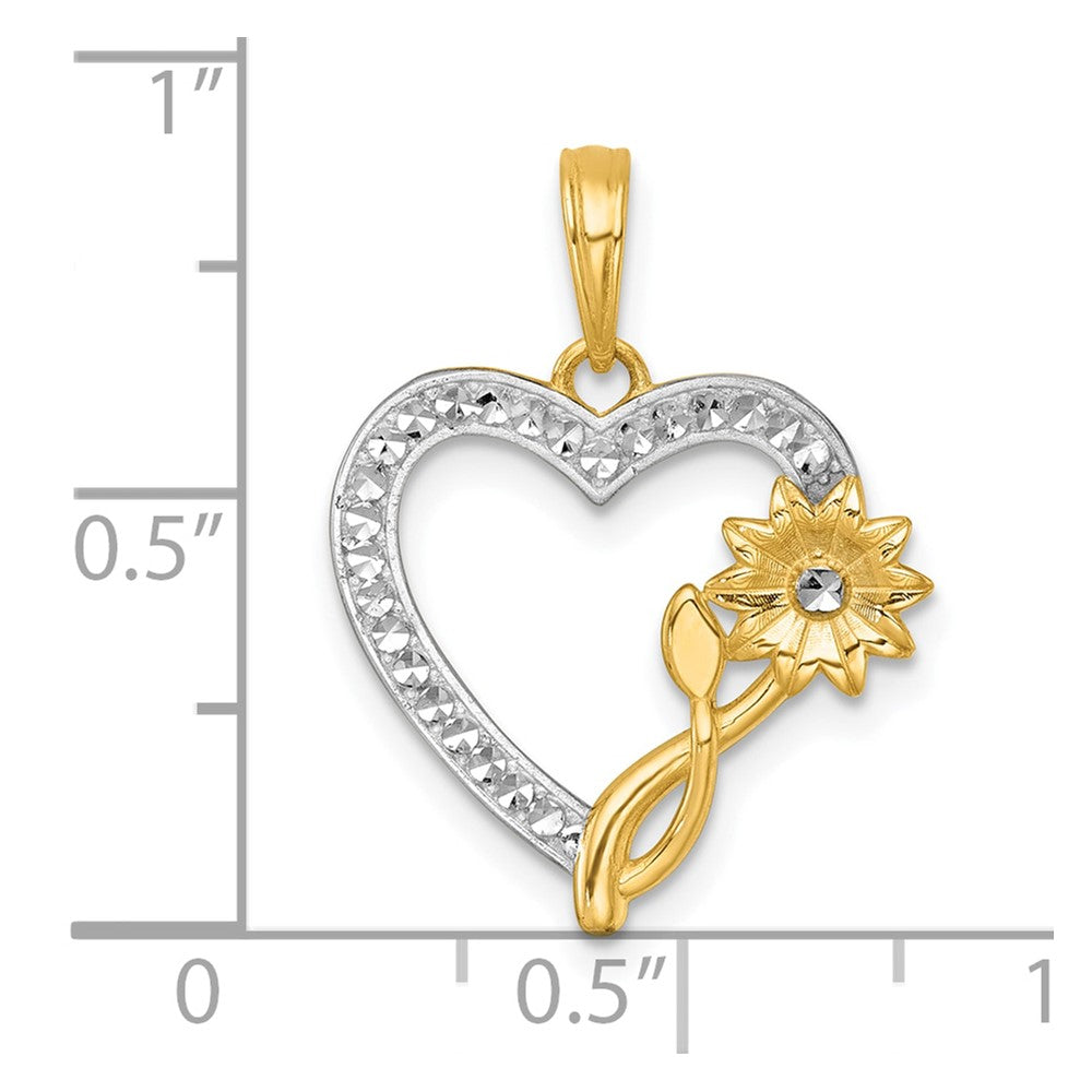 14k with White Rhodium Polished Flower On Heart Charm