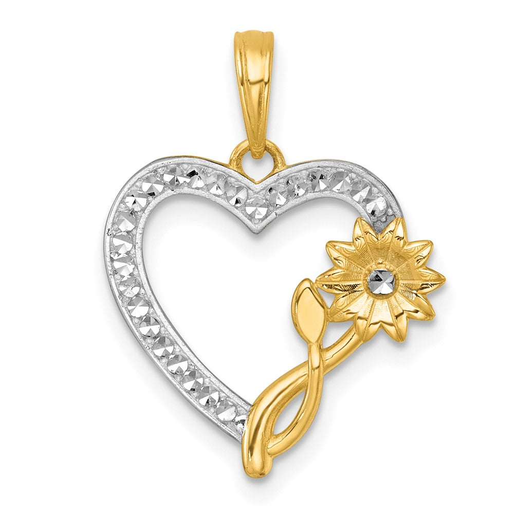 14k with White Rhodium Polished Flower On Heart Charm