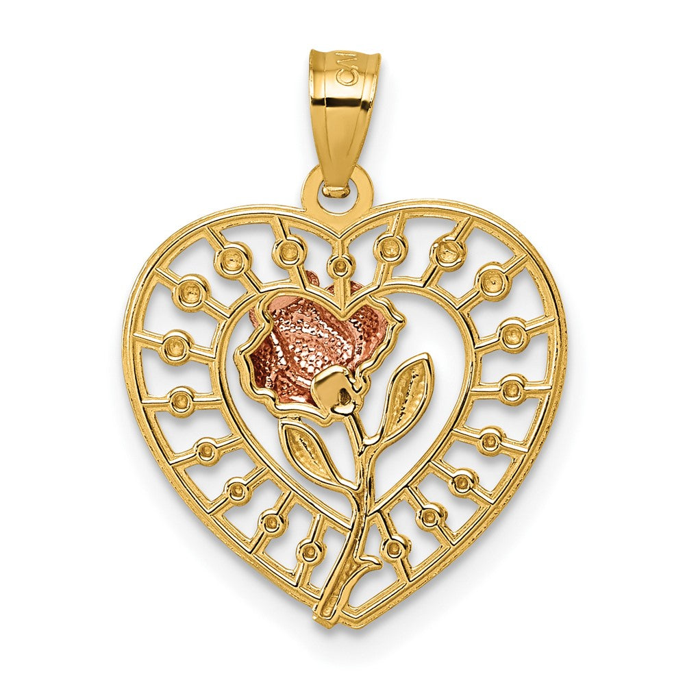 14k Two-tone Diamond Cut Polished Rose In Heart Pendant