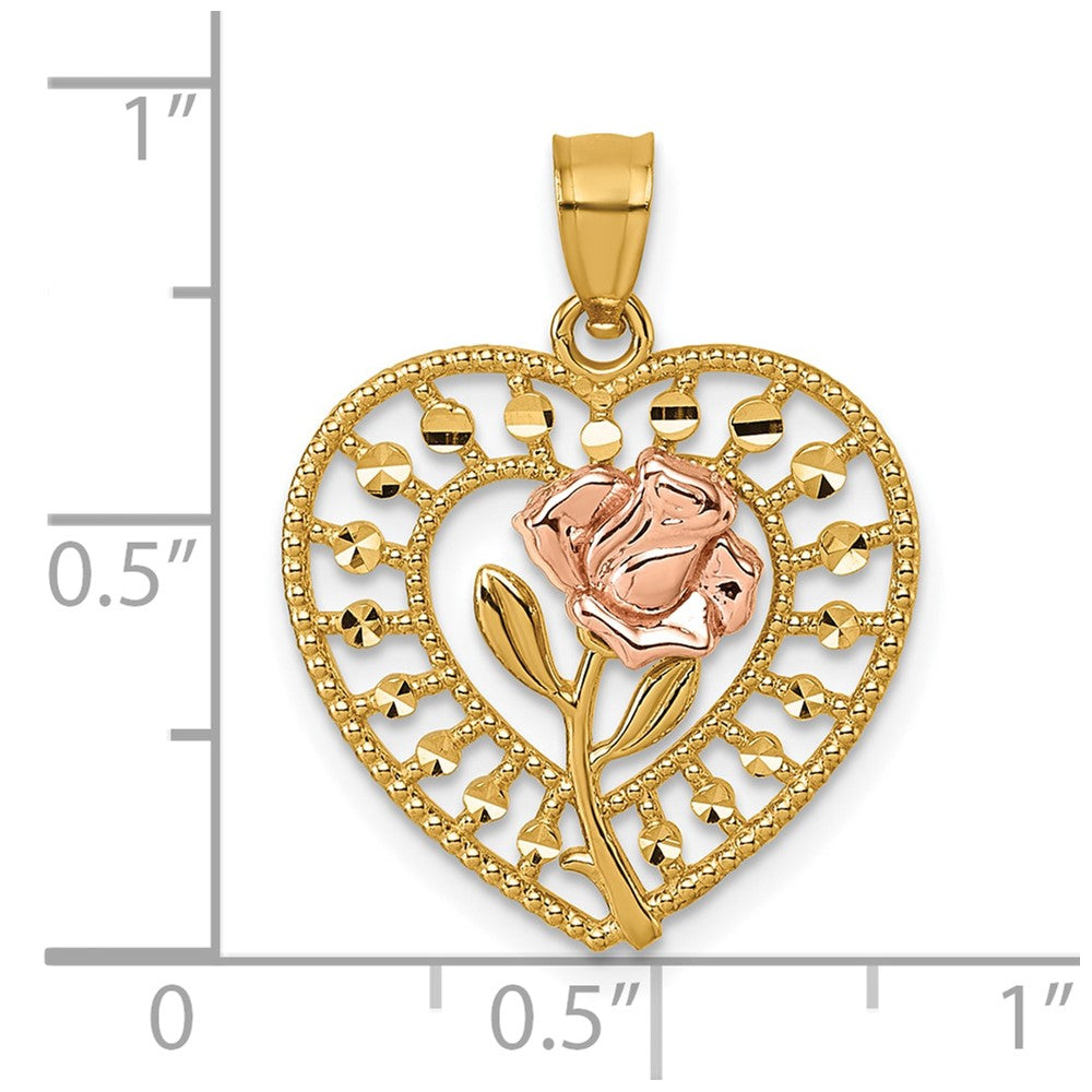 14k Two-tone Diamond Cut Polished Rose In Heart Pendant
