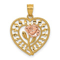 14k Two-tone Diamond Cut Polished Rose In Heart Pendant