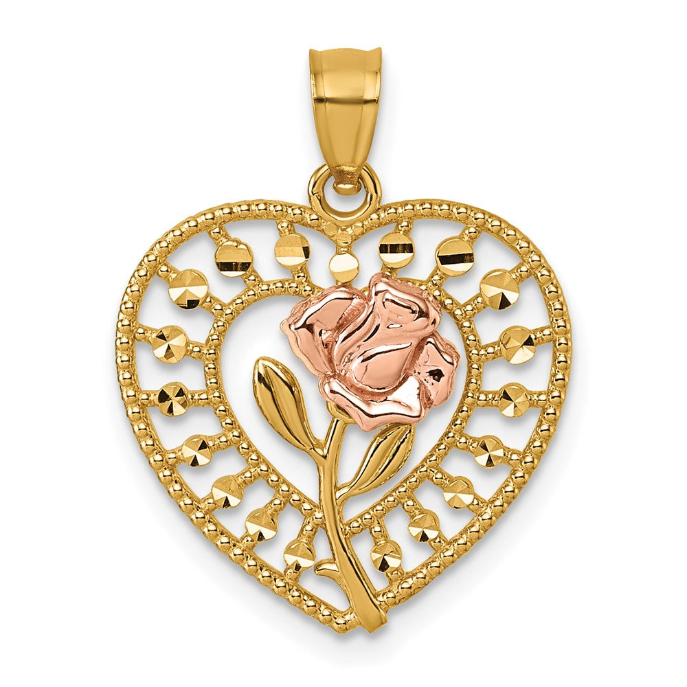 14k Two-tone Diamond Cut Polished Rose In Heart Pendant