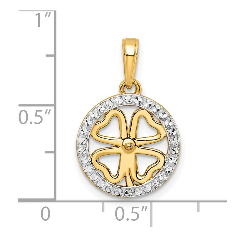 14K w/White Rhodium Diamond-cut Four-leaf Clover Pendant