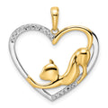 14k and White Rhodium Diamond-cut Cat Stretching in Heart Pendant