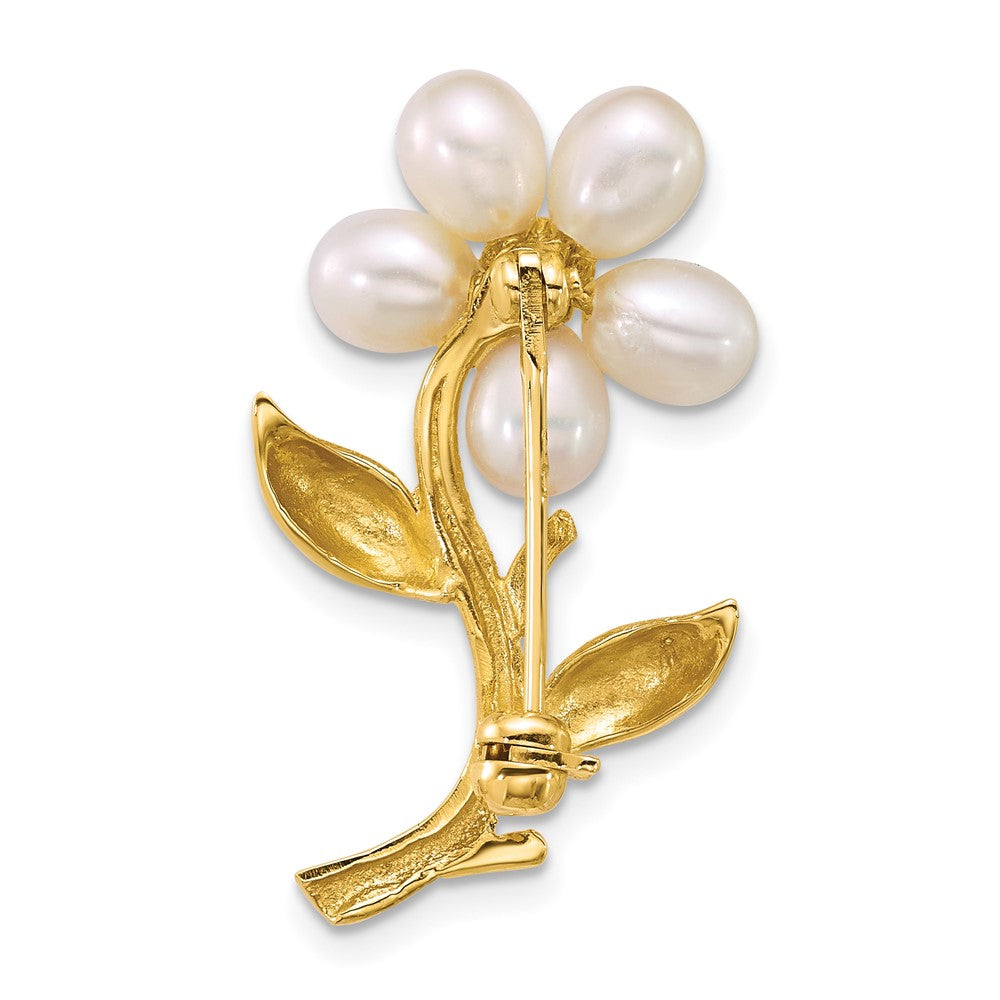 14K Flower Accented with 4-5mm White Freshwater Cultured Pearls Brooch