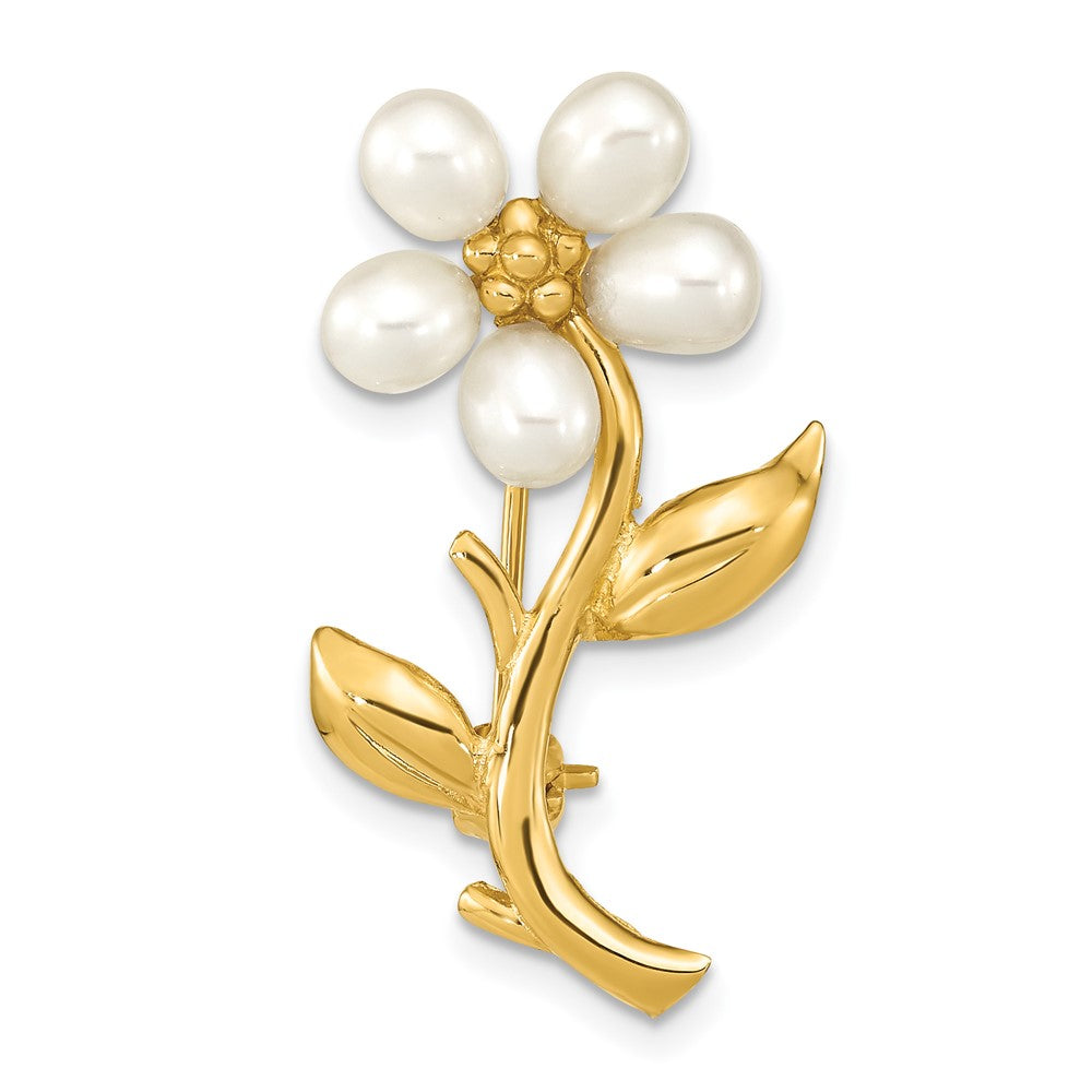 14K Flower Accented with 4-5mm White Freshwater Cultured Pearls Brooch