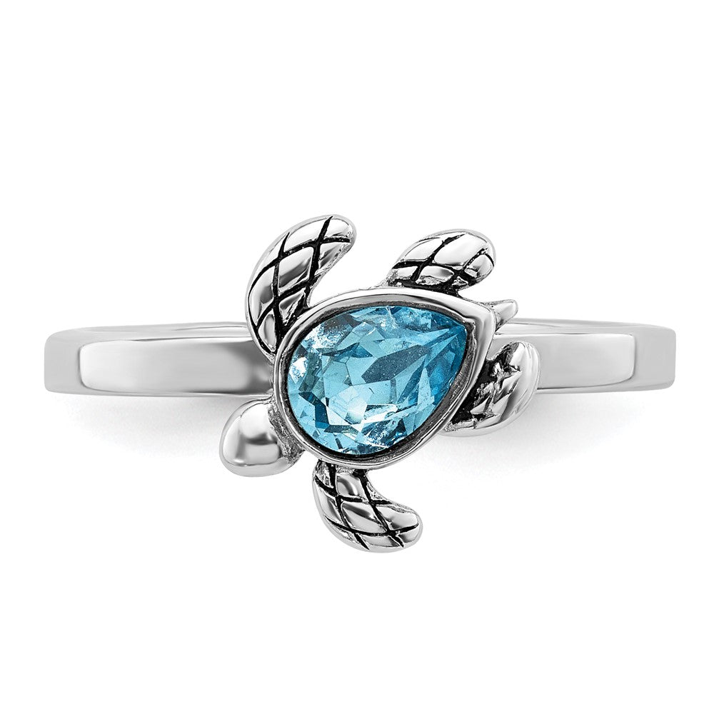 Sterling Silver Rh-plated Antiqued Adjustable Turtle Crystal Inlay Ring