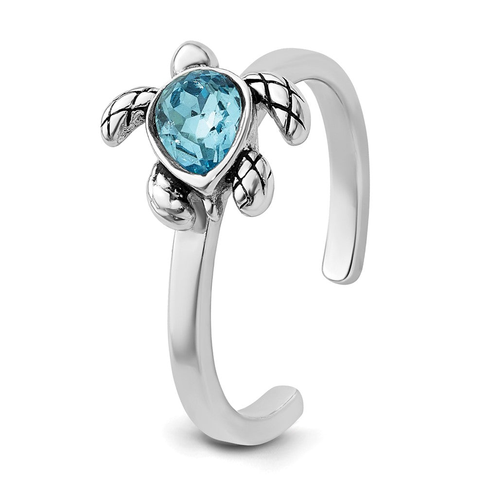 Sterling Silver Rh-plated Antiqued Adjustable Turtle Crystal Inlay Ring