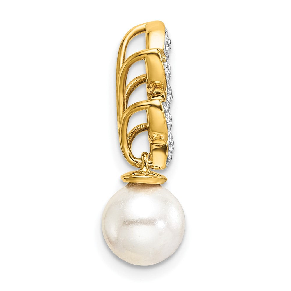 14K Polished Diamond and Pearl Leaf Chain Slide