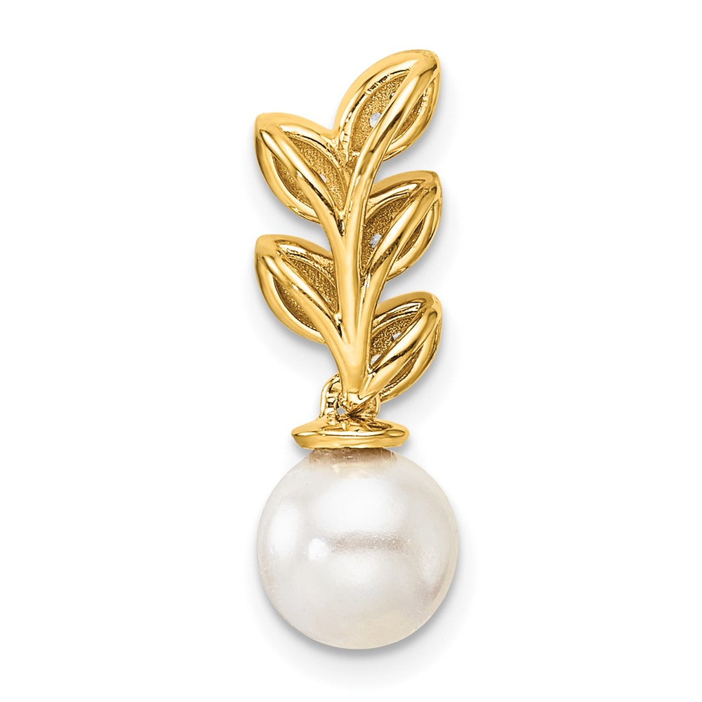 14K Polished Diamond and Pearl Leaf Chain Slide