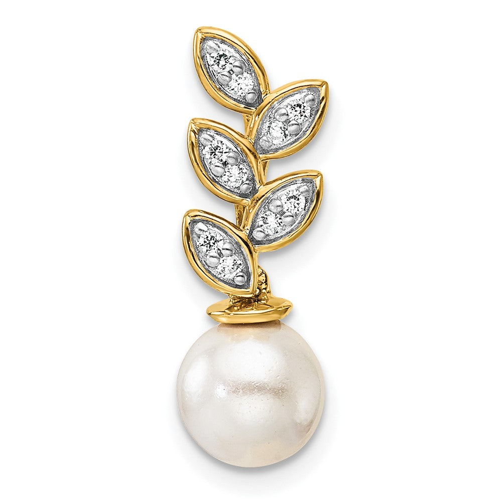 14K Polished Diamond and Pearl Leaf Chain Slide