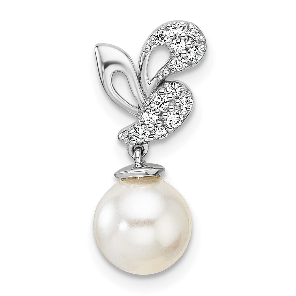 14K White Gold Polished Diamond and Pearl Chain Slide