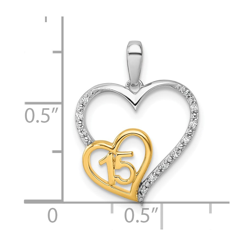 14K Two-tone Polished Diamond Quinceanera Heart Pendant