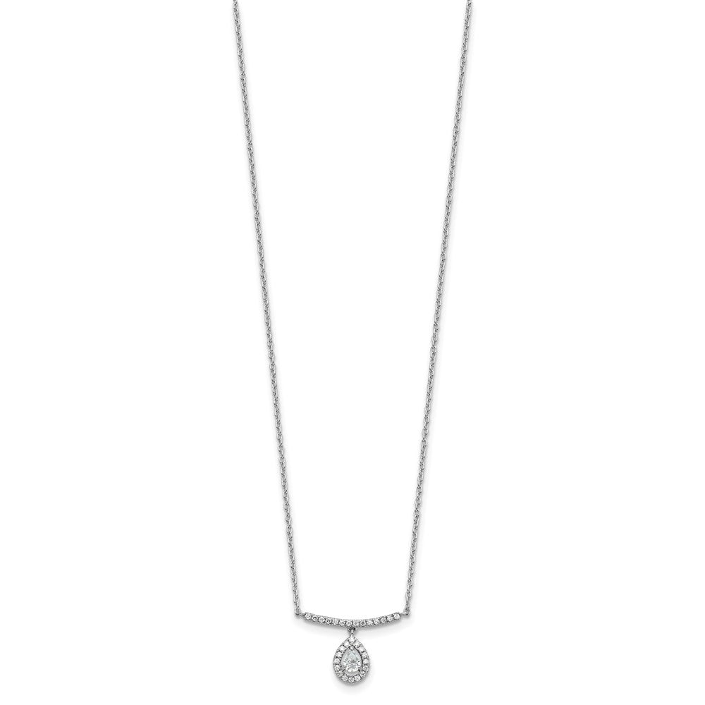 14K White Gold Polished Diamond Bar w/Dangle Pear Necklace