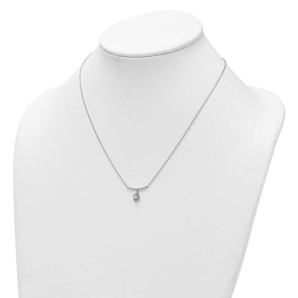 14K White Gold Polished Diamond Bar w/Dangle Pear Necklace